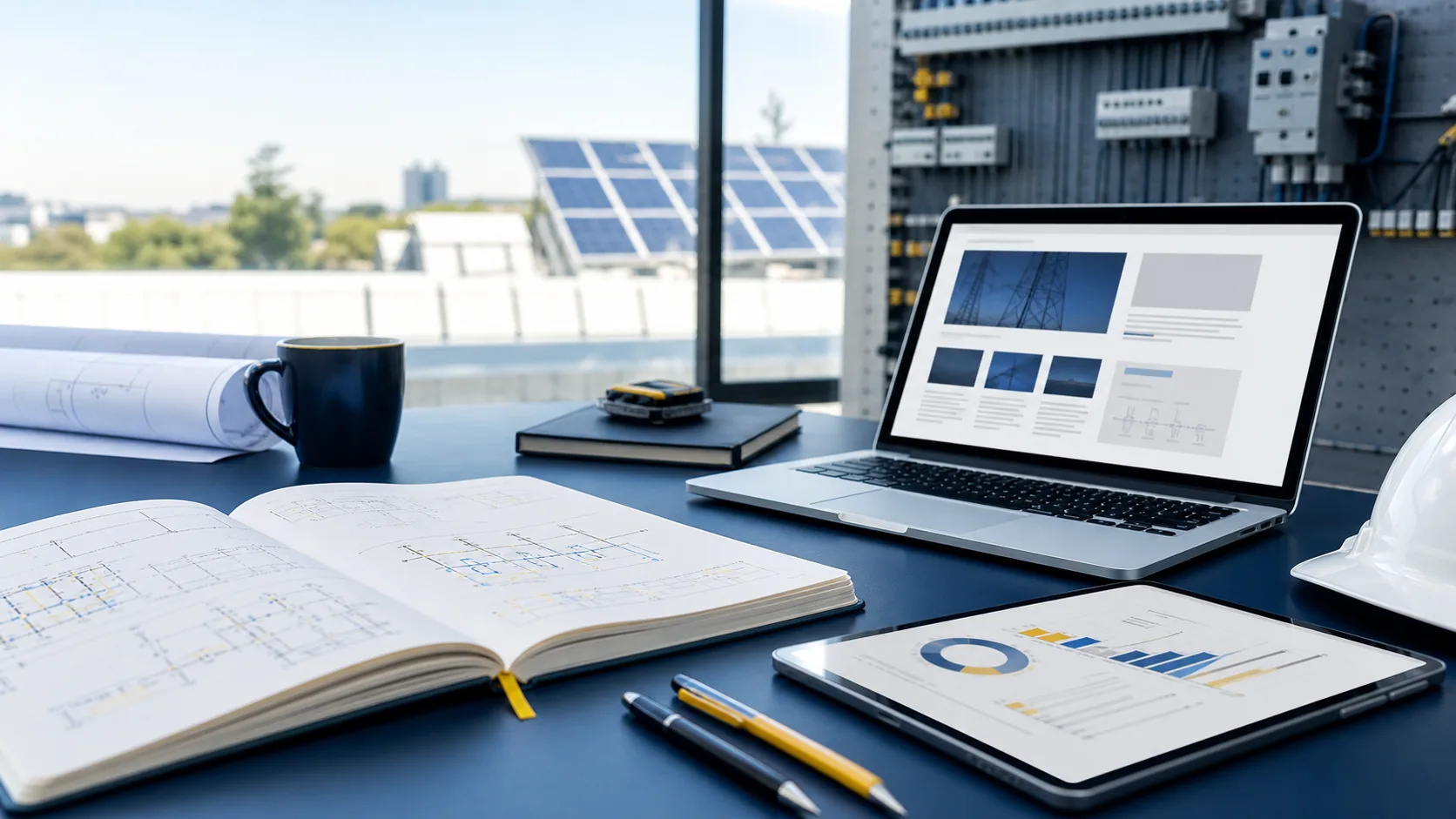 Plans, outils numériques et équipements illustrant la veille technique en ingénierie électrique